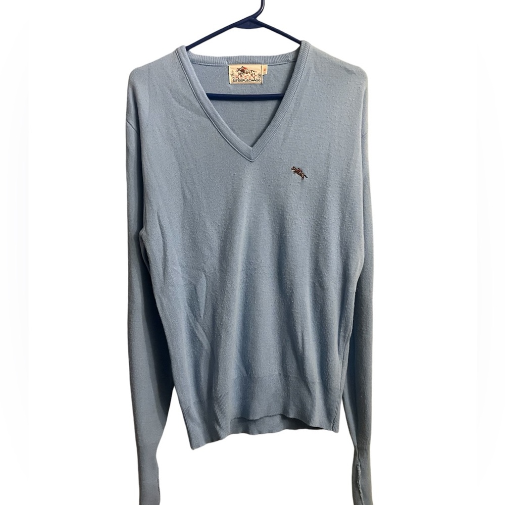 Vintage STEEPLECHASE V NECK SWEATER Light Blue Men's Medium Made in USA indie